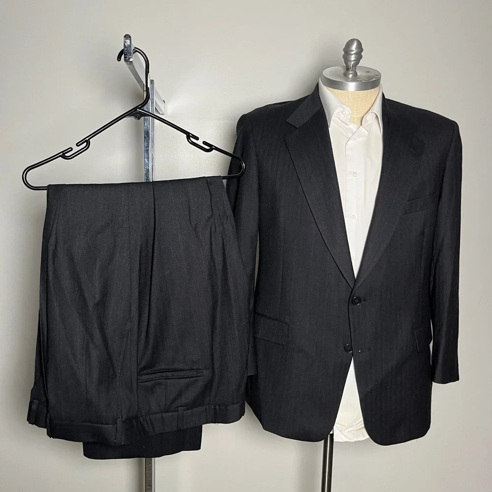Chaps Ralph Lauren‎ Suit Mens 44R 40W Charcoal Gray Herringbone Wool Vintage